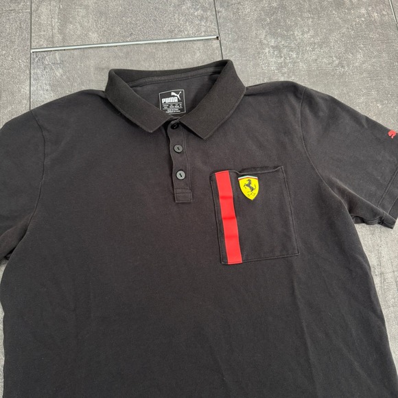 Puma Scuderia Ferrari Mens Polo Shirt Black Short Sleeve Pocket Shield Logo M - Picture 2 of 6